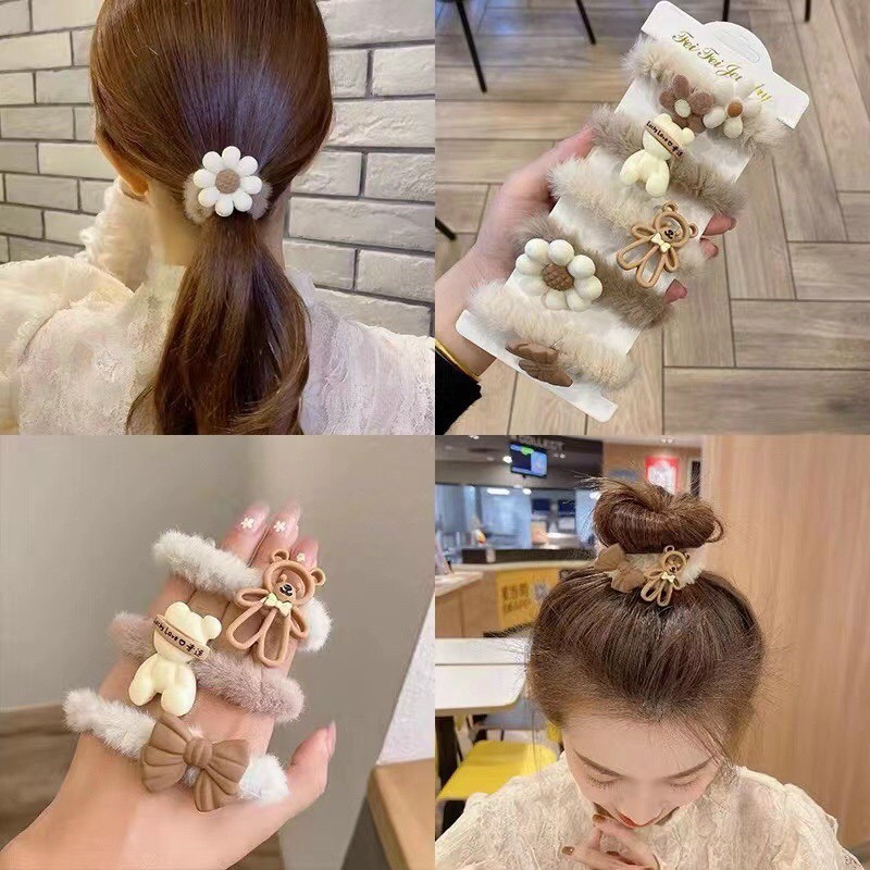 Vĩ 5 Dây Cột Tóc Nhung Lông Họa Tiết Hoạt Hình Phong Cách Hàn Quốc Xinh Xắn