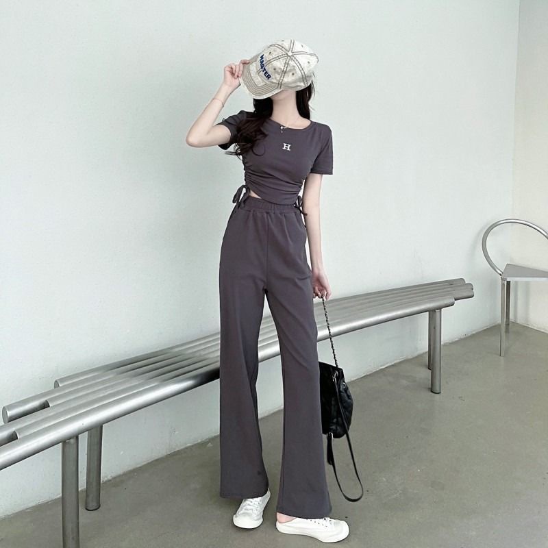 Set áo ngắn tay + quần dài ống rộng phong cách đường phố thời trang hè cho nữ