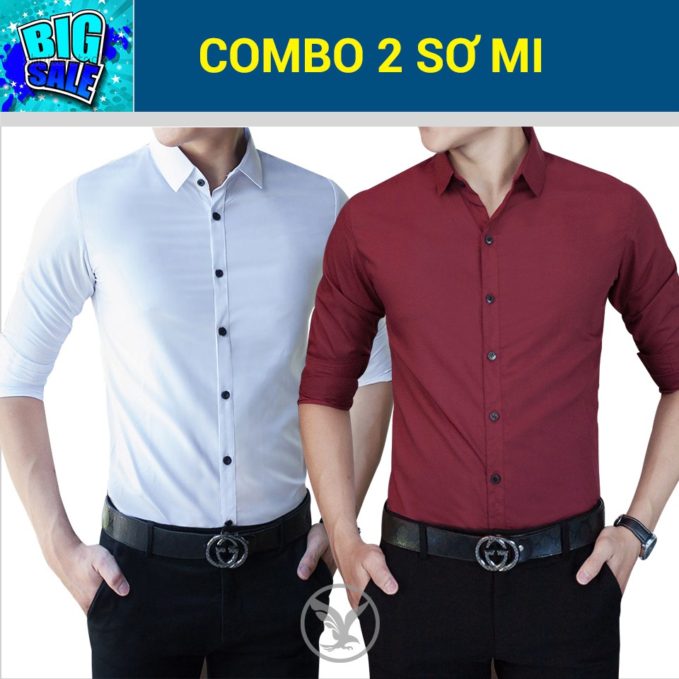 Combo 2 sơ mi (trắng + đỏ đô) lịch lãm - Sơ mi dài tay- Sơ mi đẹp phong cách Hàn quốc