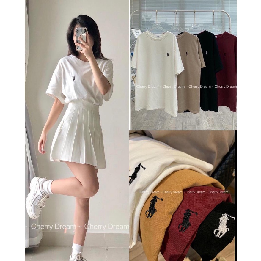 Áo phông oversize chất cotton tuyết thêu hình con ngựa, mặc đôi nam nữ mặc cực mát