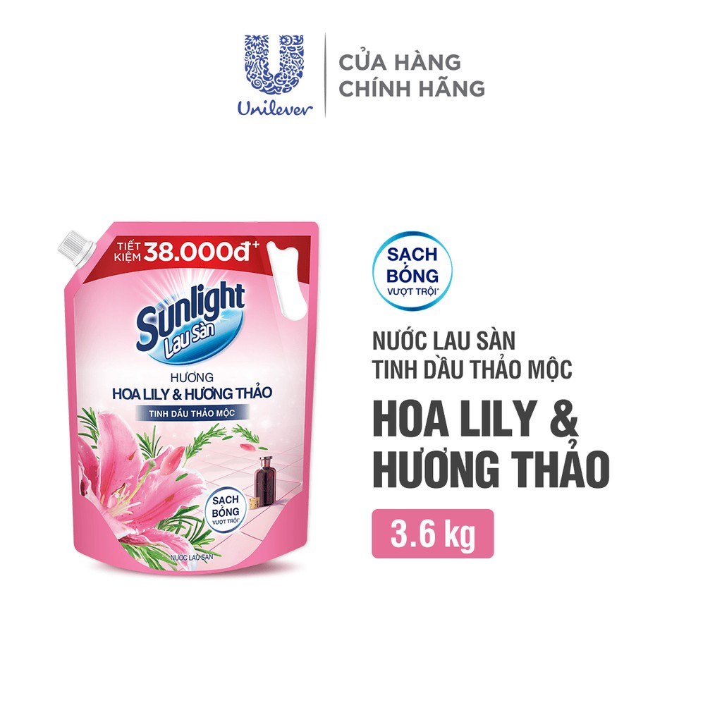 Nước lau sàn Sunlight túi 3.6kg hương hoa ly ly hồng thơm ngát