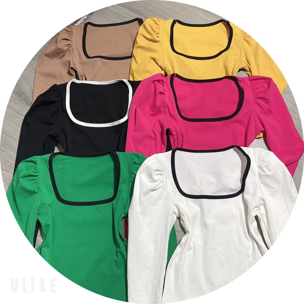 Áo thun croptop cổ U croptop tay dài phối viền