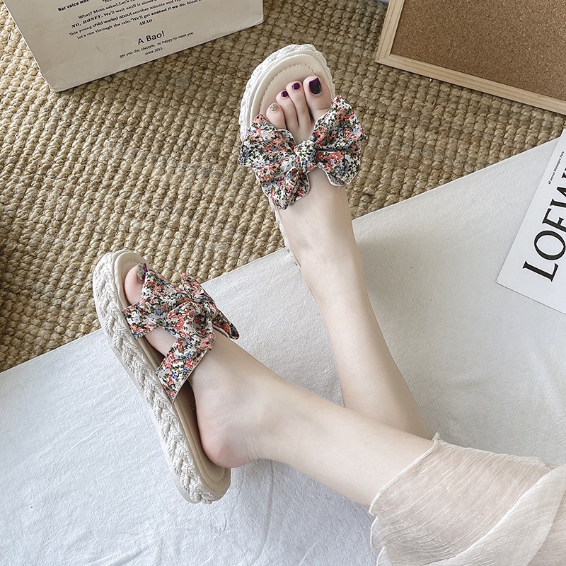 Dép quai ngang IELGY đính nơ in hoa thời trang cho nữ