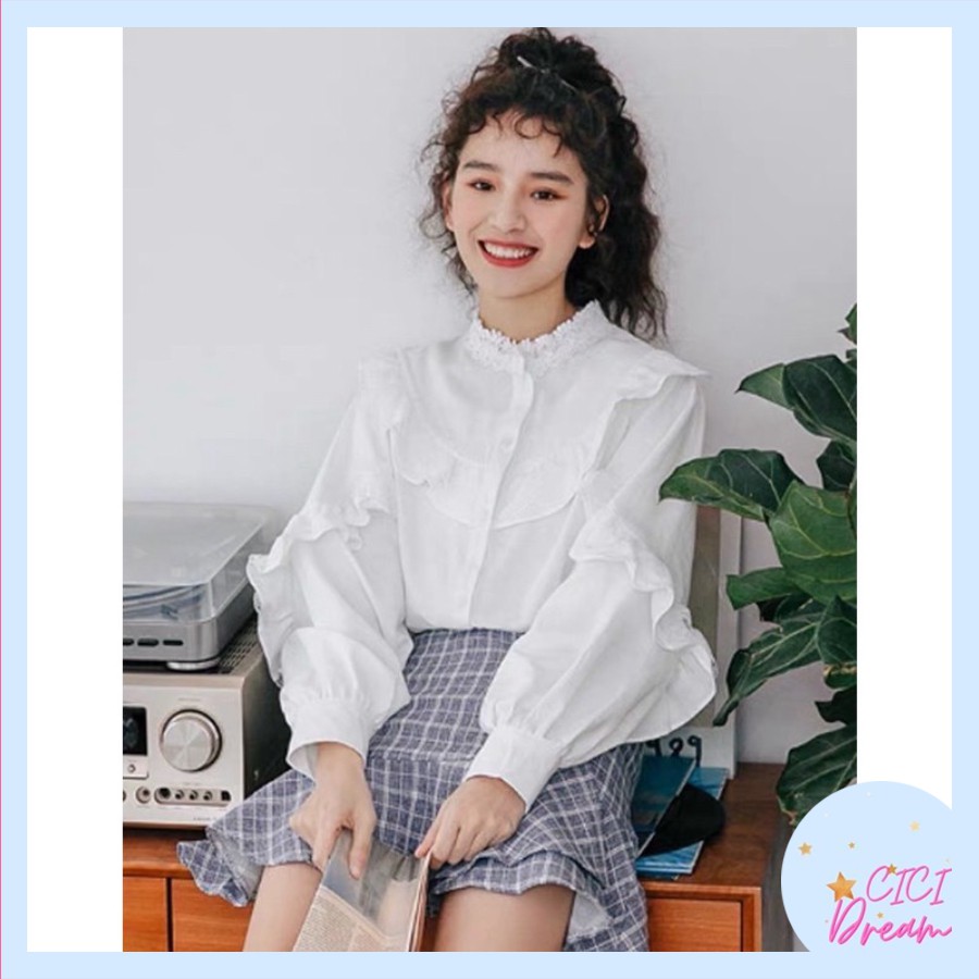 Áo sơ mi nữ babydoll BÈO CHÉO NGỰC VÀ TAY dài, Áo sơ mi nữ babydoll tay bo cổ viền tiểu thư nàng thơ