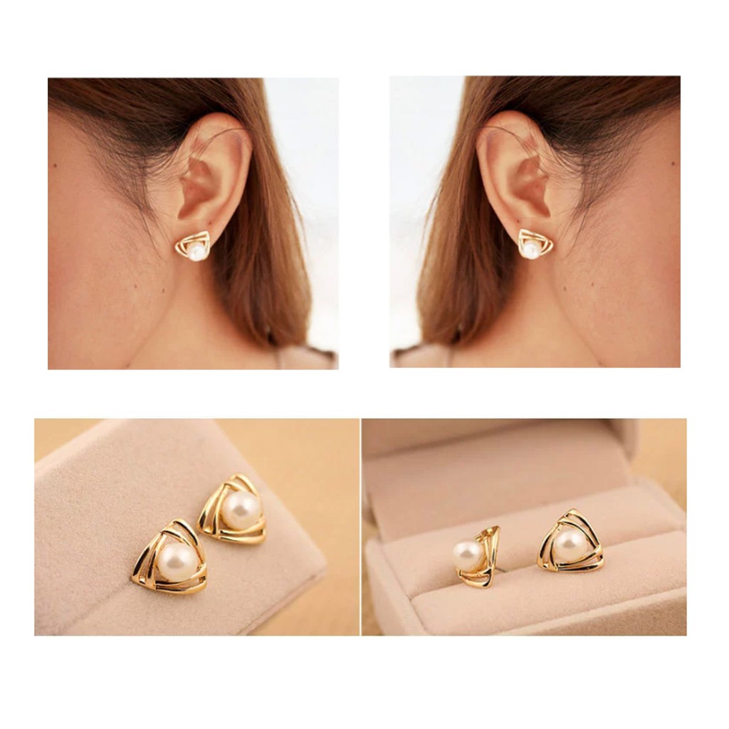 Khuyên Tai Hình Tam Giác Đính Ngọc Trai Giả Lấp Lánh