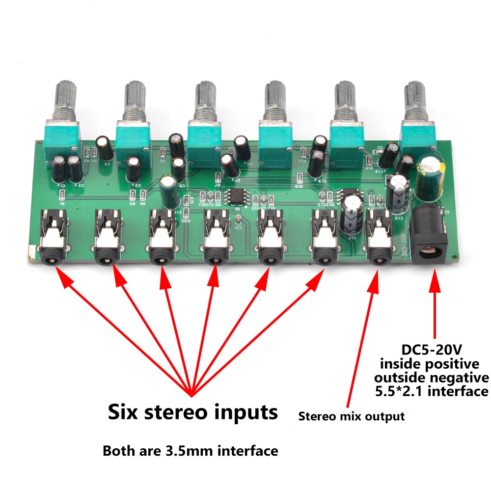 Bảng mạch trộn âm thanh Pcbfun DC5-20V 6 kênh 1 đầu ra + nắp núm vặn tiện dụng
