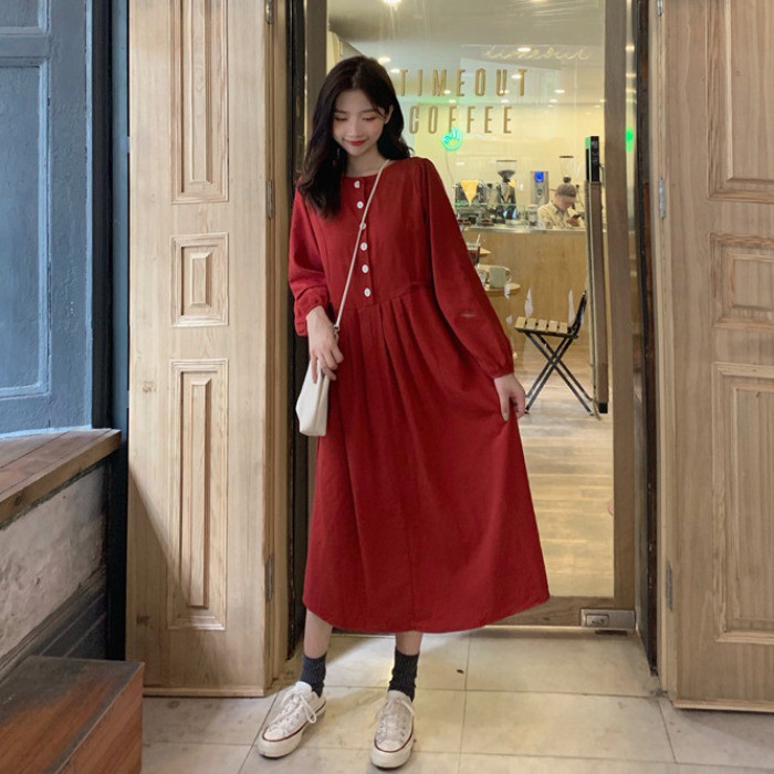 Váy xòe dáng dài tay dây rút eo đơn giản Hàn Quốc Có ảnh thật