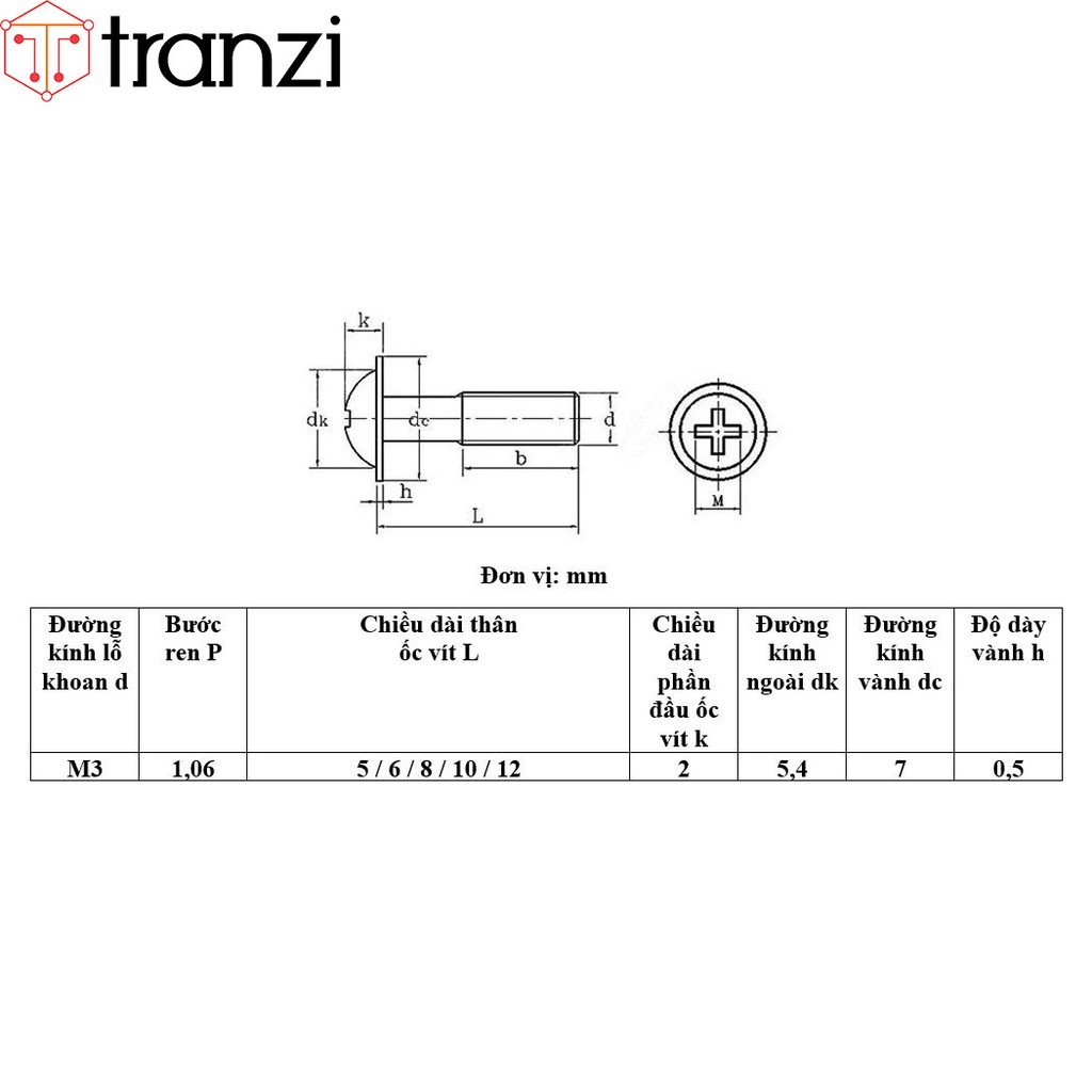 Vít bake liền vành đầu cầu ren thô mạ kẽm trắng PWB M3