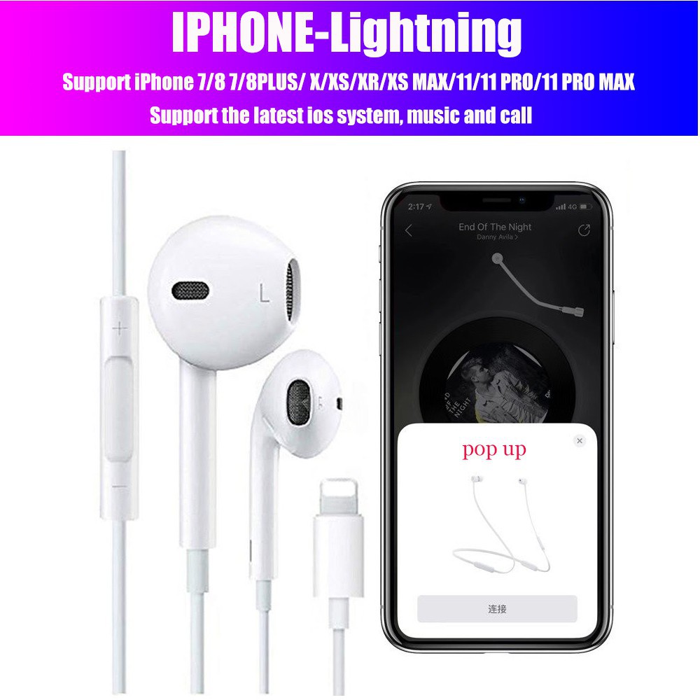 Tai Nghe Iphone 7 Có Mic Cổng Lightning Chân Dẹt Kết Nối Bluetooth Cho Iphone 7/8/X/Xr/XsMax/11/11Pro/11ProMax