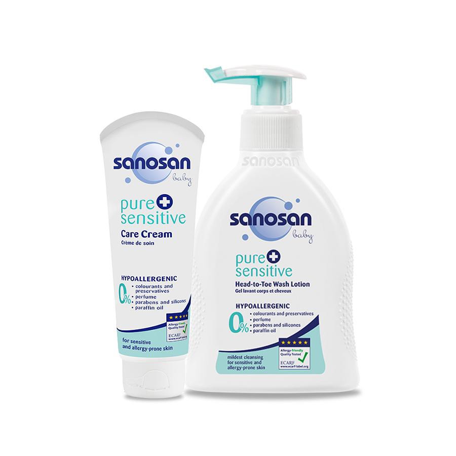 Combo Kem dưỡng ẩm 100ml+ Sữa tắm gội dịu nhẹ Sanosan cho da nhạy cảm 200ml