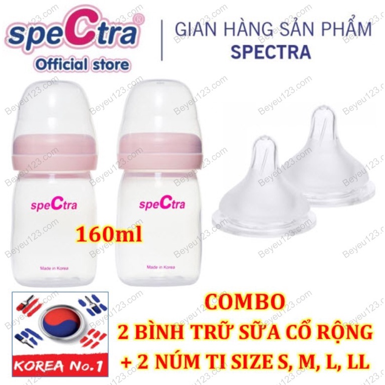 Bộ 2 bình trữ sữa 160ml kèm 2 núm ti cổ rộng Spectra (Made in Korea)