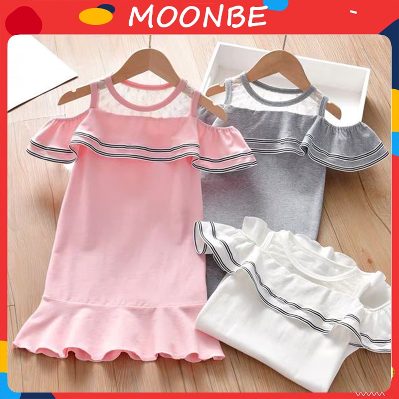 Váy trễ vai phối lưới cho bé gái mặc hè chất cotton size đại đến 50kg - Váy trễ vai