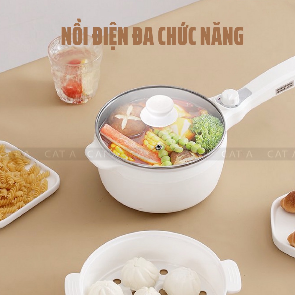 Nồi điện đa năng SHANGHOU mini chống dính có tay cầm - Bếp điện 2 tầng dùng để nấu, hấp, chiên, xào - Công suất 600W