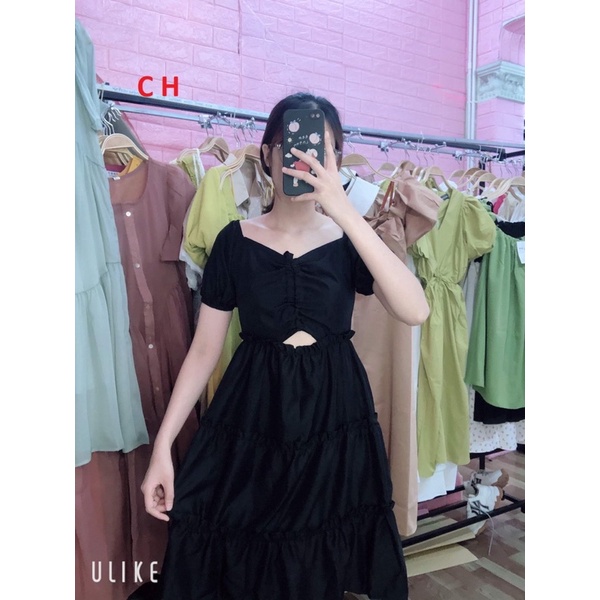 Váy cổ vuông dây rút ngực hở bụng CH12