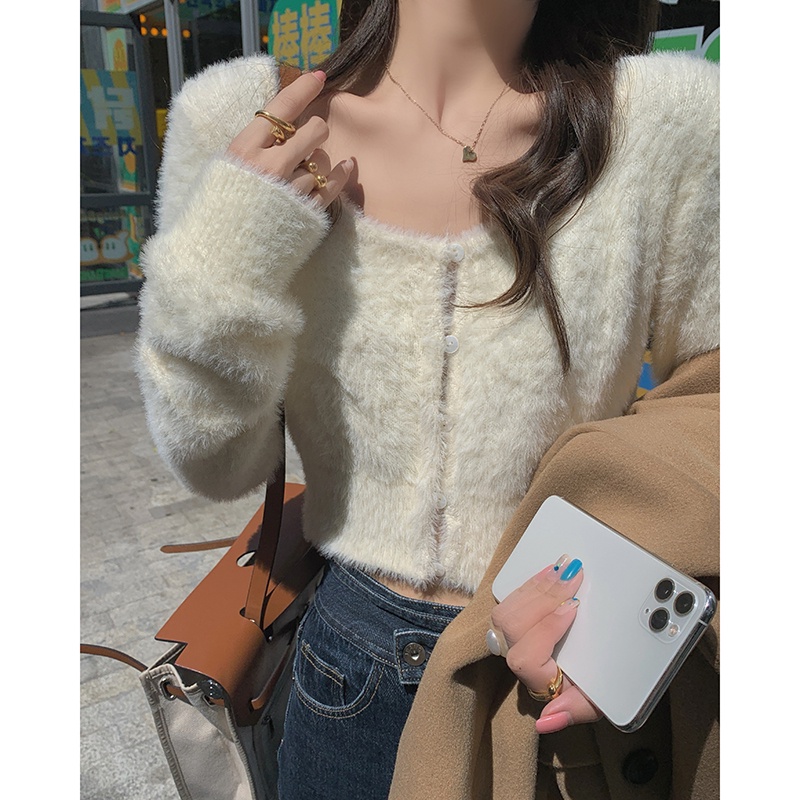 Áo khoác cardigan vải nhung tay dài cổ tròn màu trắng/ màu hồng thời trang thu đông dành cho nữ | BigBuy360 - bigbuy360.vn