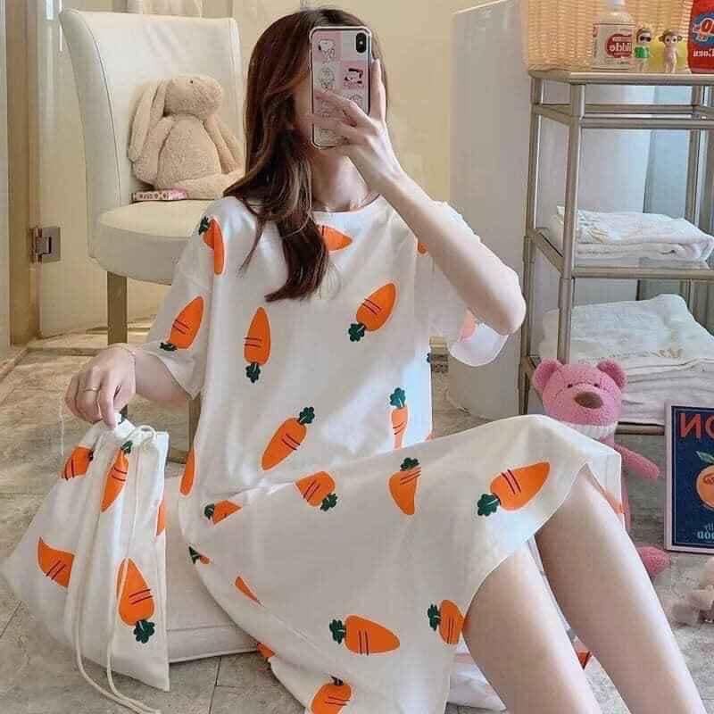 Váy ngủ váy mặc nhà dáng suông chất thun cotton họa tiết dễ thương đủ size cho chị e từ 38- 58kg