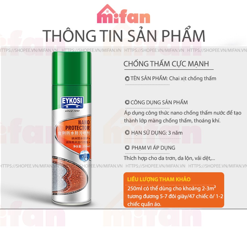 Bình Xịt NANO Chống Thấm EYKOSI Bản Mới 2020 - Chống Thấm Nước Giày Dép, Quần Áo, Đồ Da - PHÂN PHỐI CHÍNH HÃNG - MIFAN