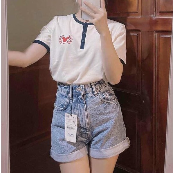 Quần short bò trơn gập gấu cạp cao 3 màu có size