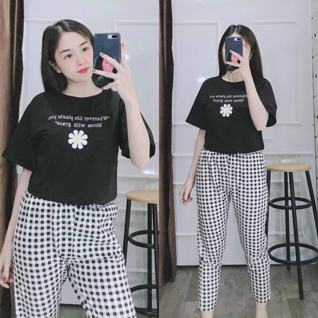 Đồ Bộ Nữ Quần Dài Đồ Mặc Nhà Đẹp Quần Caro Hoa Cúc Thể Thao Set Đồ Bộ Thun Cotton Nữ Bigsize Trung Niên Db10 Eshop