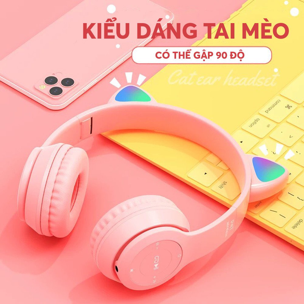 Tai nghe mèo bluetooth, kiểu dáng dễ thương, âm bass cao, tai nghe chụp tai