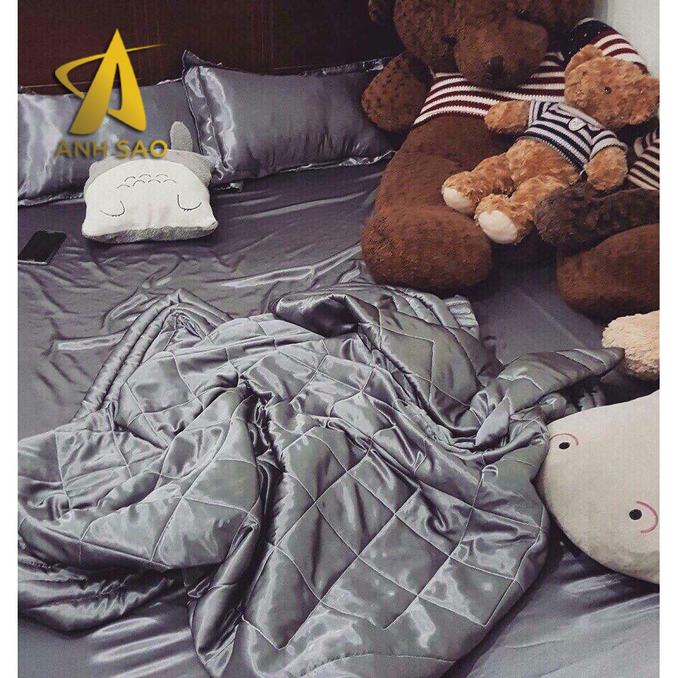 Bộ Chăn Drap Lụa Cao Cấp Ánh Sao Màu Xám Đậm - 1m6x2m/1m8x2m - Mền lồng lớp bông mỏng có chân chỉ hình thoi