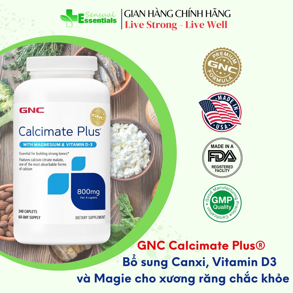 [CHÍNH HÃNG] GNC Calcimate Plus, Calcium GNC, Canxi CCM cao cấp, Magie, Vitamin D3 cho xương răng chắc khỏe