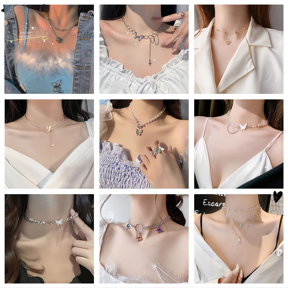 Dây chuyền hợp kim mặt hình bướm phối ngọc trai nhân tạo xinh xắn thời trang cho nữ