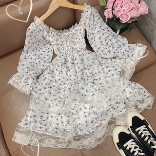 Đầm hoa bèo tầng viền ren dán xoè