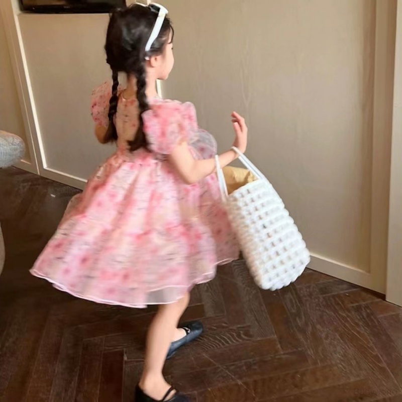 Đầm Tay Phồng Phối Lưới Họa Tiết Hoa Hồng Dễ Thương Thời Trang Mùa Hè Cho Bé Gái