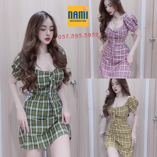 ĐẦM KẺ CARO TAY PHỒNG NHÚNG NGỰC DỄ THƯƠNG - QANU041