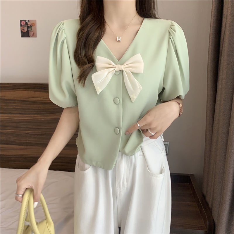 Áo sơ mi IELGY tay ngắn cổ chữ V thắt nơ phong cách Pháp thời trang cho nữ