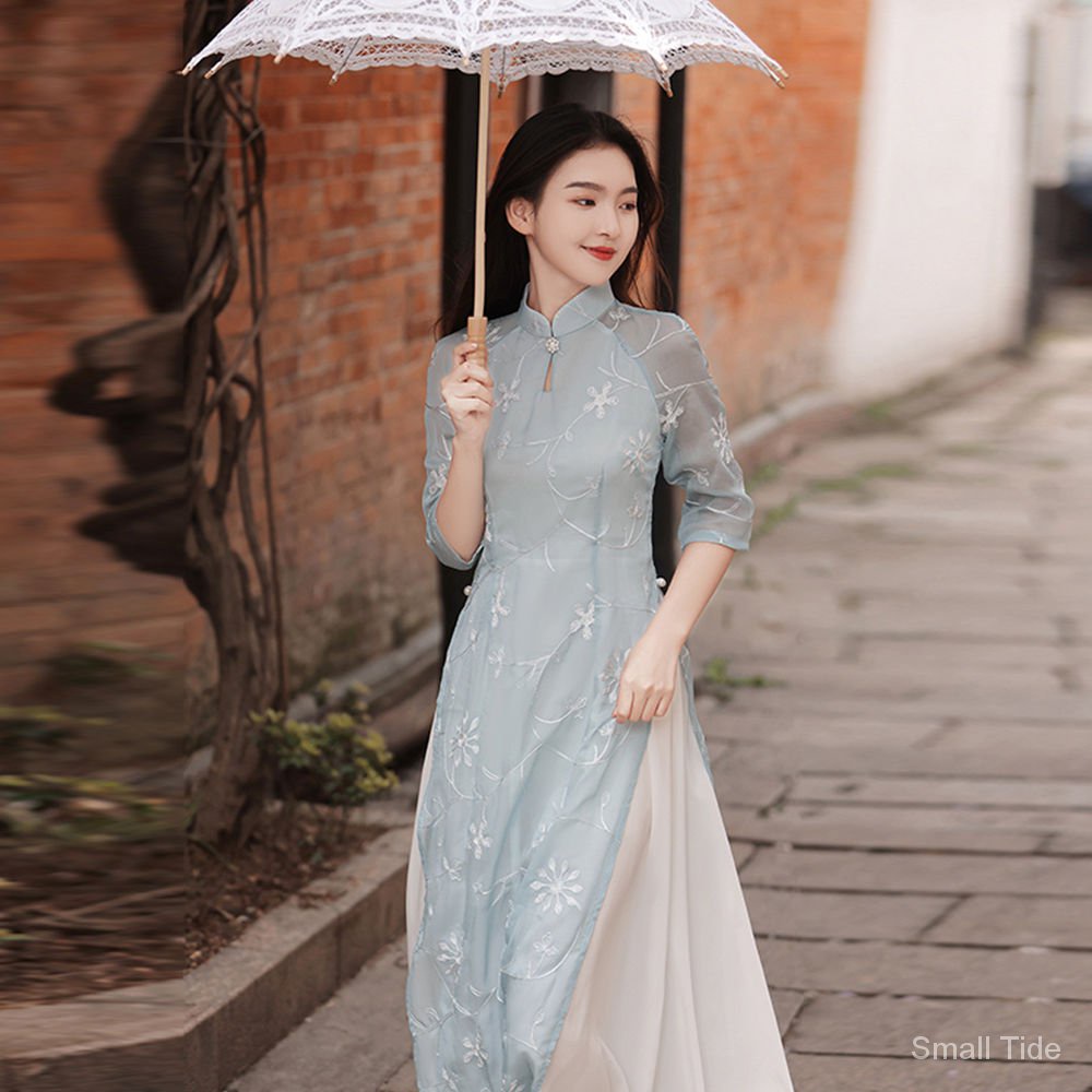 Sườn xám cách tân dáng dài phong cách Trung Hoa cổ điển thanh lịch thời trang 2021Years mới