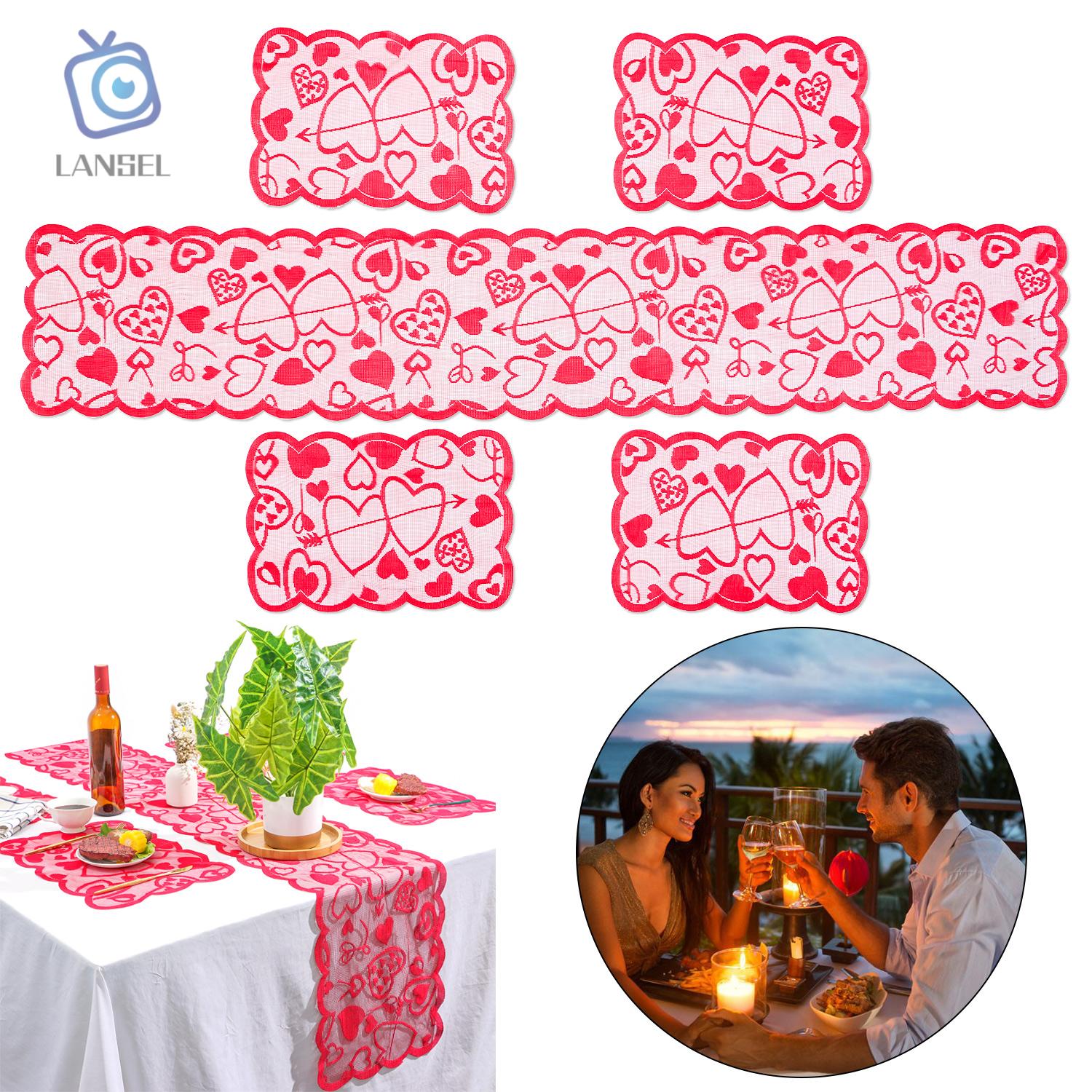 ❤LANSEL❤ 5PCS Rectangular Tablecloth Table Placemats Dinner Supplies Lace Table Runner Heart Party Wedding Anniversary Home Romantic Valentines Day