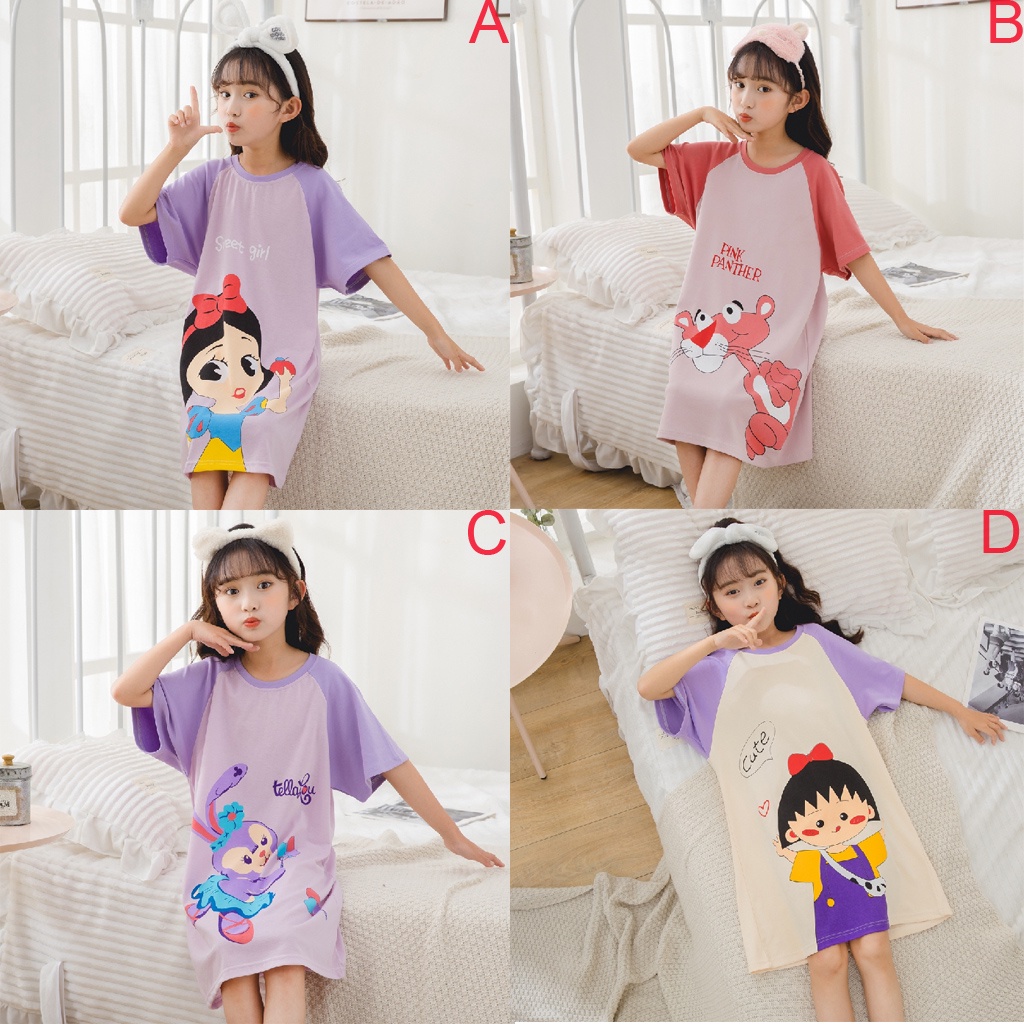 Đầm Ngủ Cotton Tay Ngắn In Họa Tiết Hoạt Hình Dễ Thương Cho Bé Gái