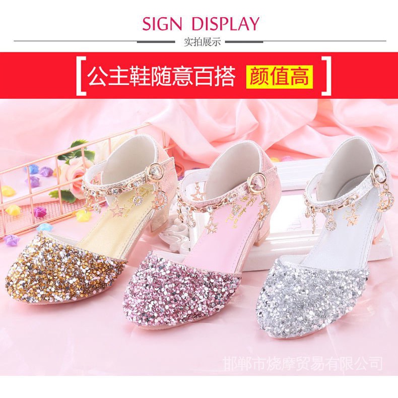 Giày Cao Gót Đế Mềm Đính Pha Lê Xinh Xắn Cho Bé Gái Từ 3-5-6 7 8 9 Tuổi