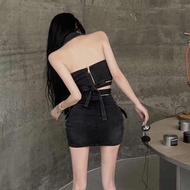 Bộ Áo Denim Ngắn Dáng Ôm Co Giãn + Chân Váy Denim Lưng Cao Phong Cách Hàn Quốc Thời Trang Mùa Hè Mới Cho Nữ