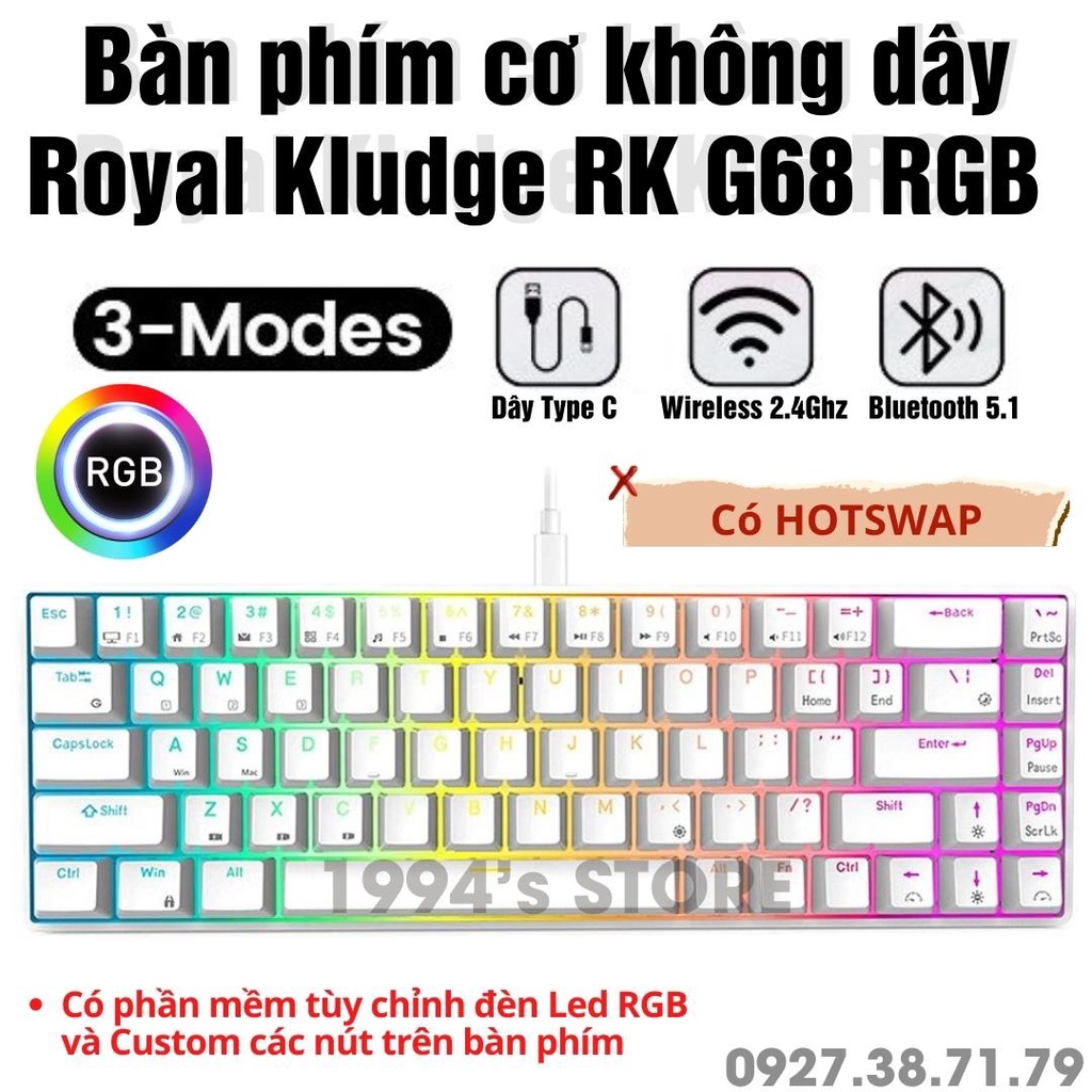 Bàn phím cơ không dây RK G68 Bluetooth 5.1 - Wireless 2.4G - Hotswap - Cable Type C - Led RGB có phần mềm tuỳ chỉnh