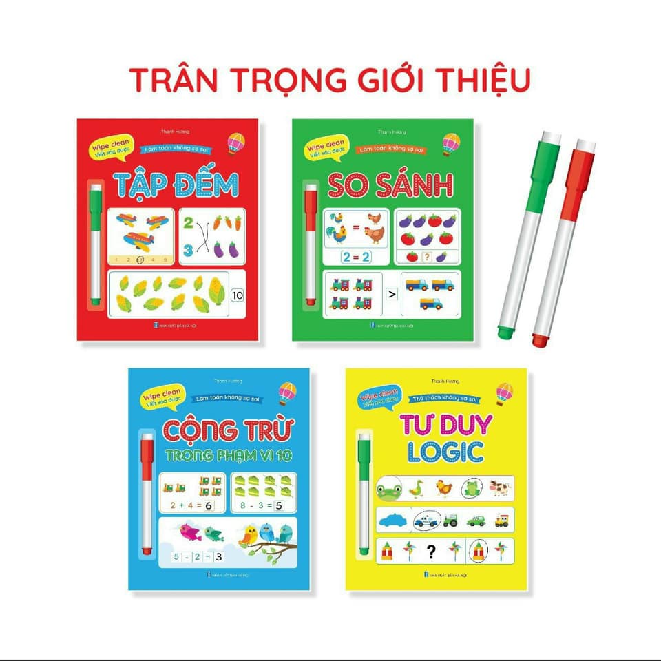 Combo 4 cuốn Làm Toán Không Sợ Sai, xóa được - Tặng Kèm 2 Bút