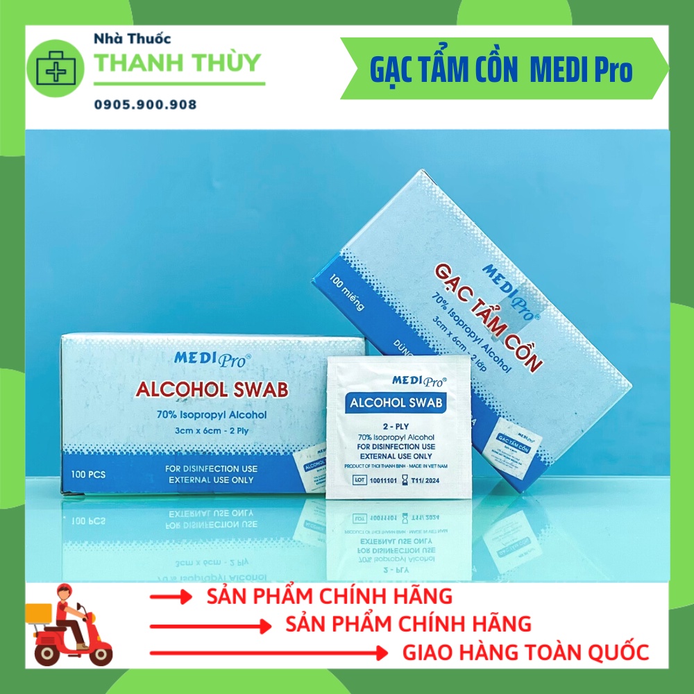 Gạc Tẩm Cồn Medi Pro 2 Lớp Sát Trùng Da Alcohol Swab 3X6Cm (Cồn Khô Hộp 100 Miếng)