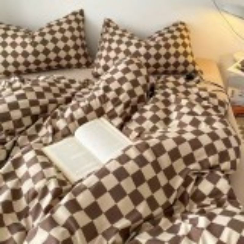 Bộ vỏ chăn ga gối cotton poly QUY Bedding Caro Nâu Mới. Chăn ga gối phong cách Hàn Quốc