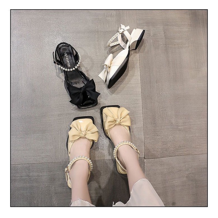 Xiaoxiang Sandal Mũi Vuông Gót Thấp Bằng Da Đính Nơ Và Ngọc Trai Thời Trang Mùa Hè Phong Cách Mới Dành Cho Bạn Nữ Sho