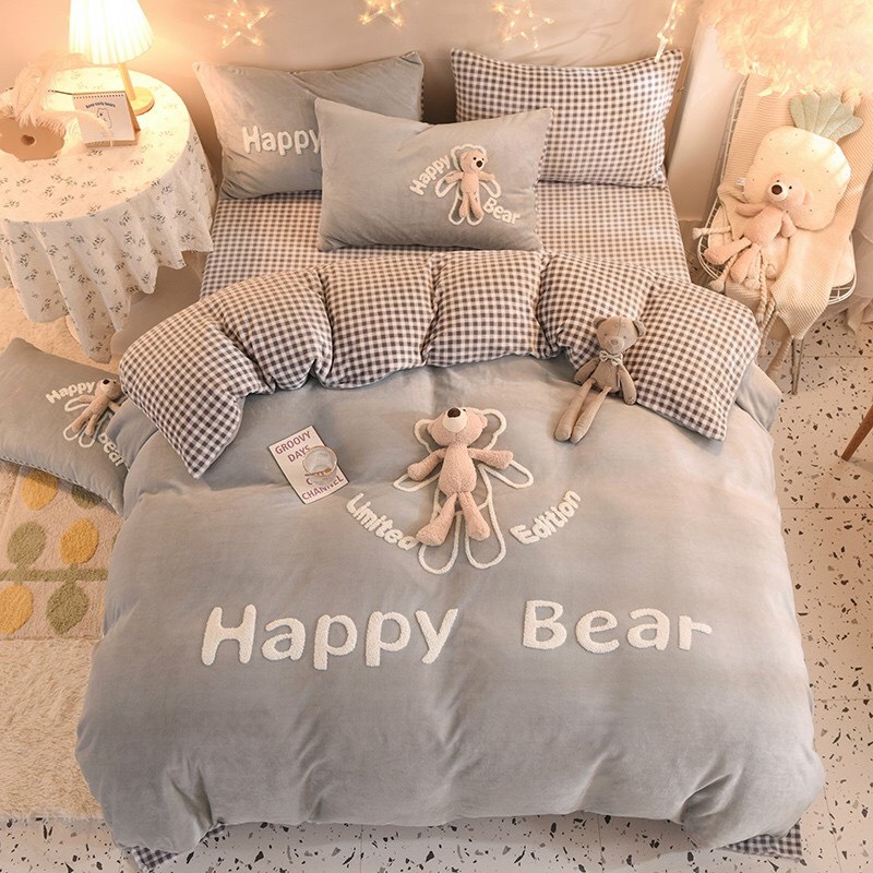 Set 4 món nỉ nhung gấu Happy Bear siêu cấp mềm mịn - Hàng nhập khẩu