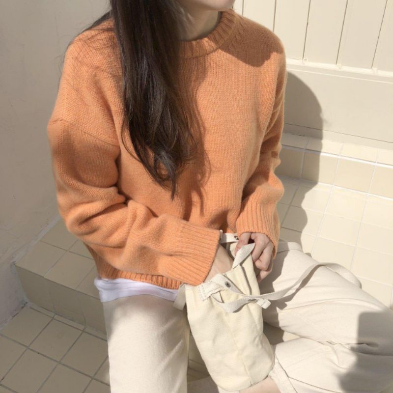 Áo len nữ dài tay trơn basic Sweater dệt kim cổ tròn thu đông phong cách Ulzzang Hàn Quốc