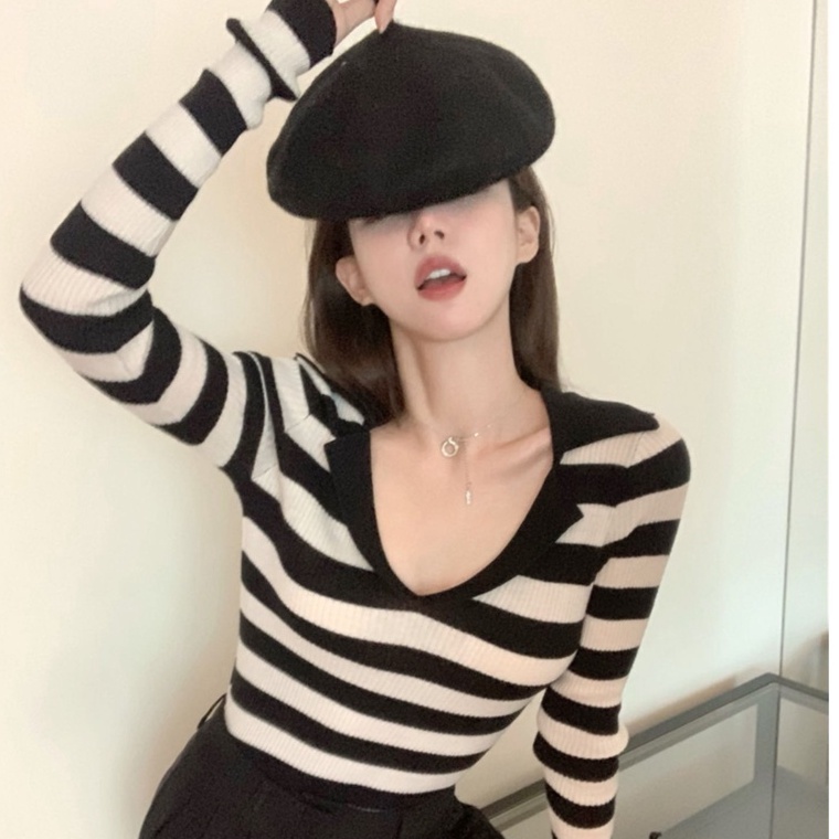 Áo kiểu ZHELIHANGFEI dệt kim tay dài cổ polo bẻ họa tiết kẻ sọc thời trang trẻ trung dành cho nữ