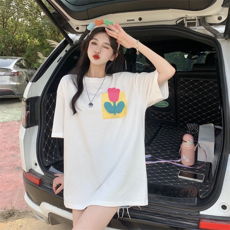 Áo Thun Nữ Ngắn Tay Có Túi In Hoa Mới