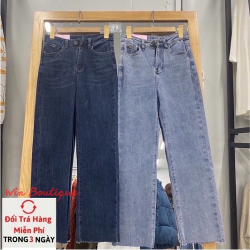 Quần jeans suông ống đứng cap cao trơn chất co dãn mềm mặc kéo dài chân