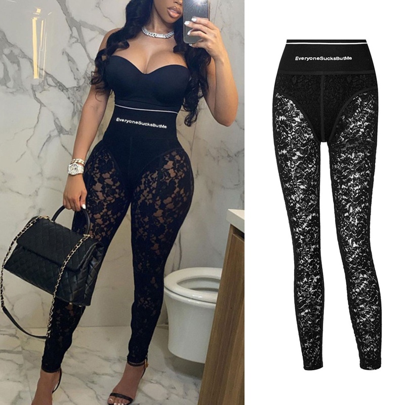 Quần Legging Lưng Cao Phối Ren Xuyên Thấu In Chữ Thời Trang Mùa Hè Quyến Rũ Cho Nữ