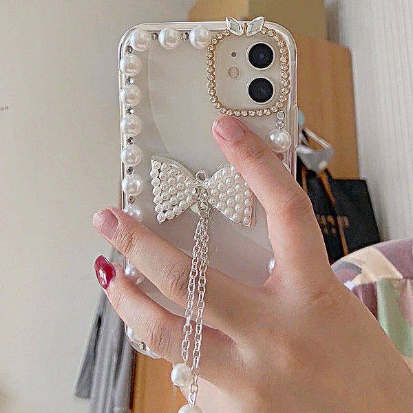 Ốp Điện Thoại Silicon Mềm Đính Nơ Và Ngọc Trai Nhân Tạo Cho iPhone 12promax 11 6s 7 8plus Xr