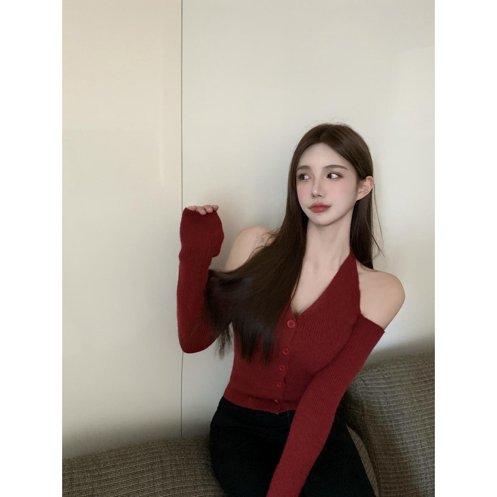 QADCOL Áo thun tay dài cổ chữ V khoét vai thời trang cho nữ