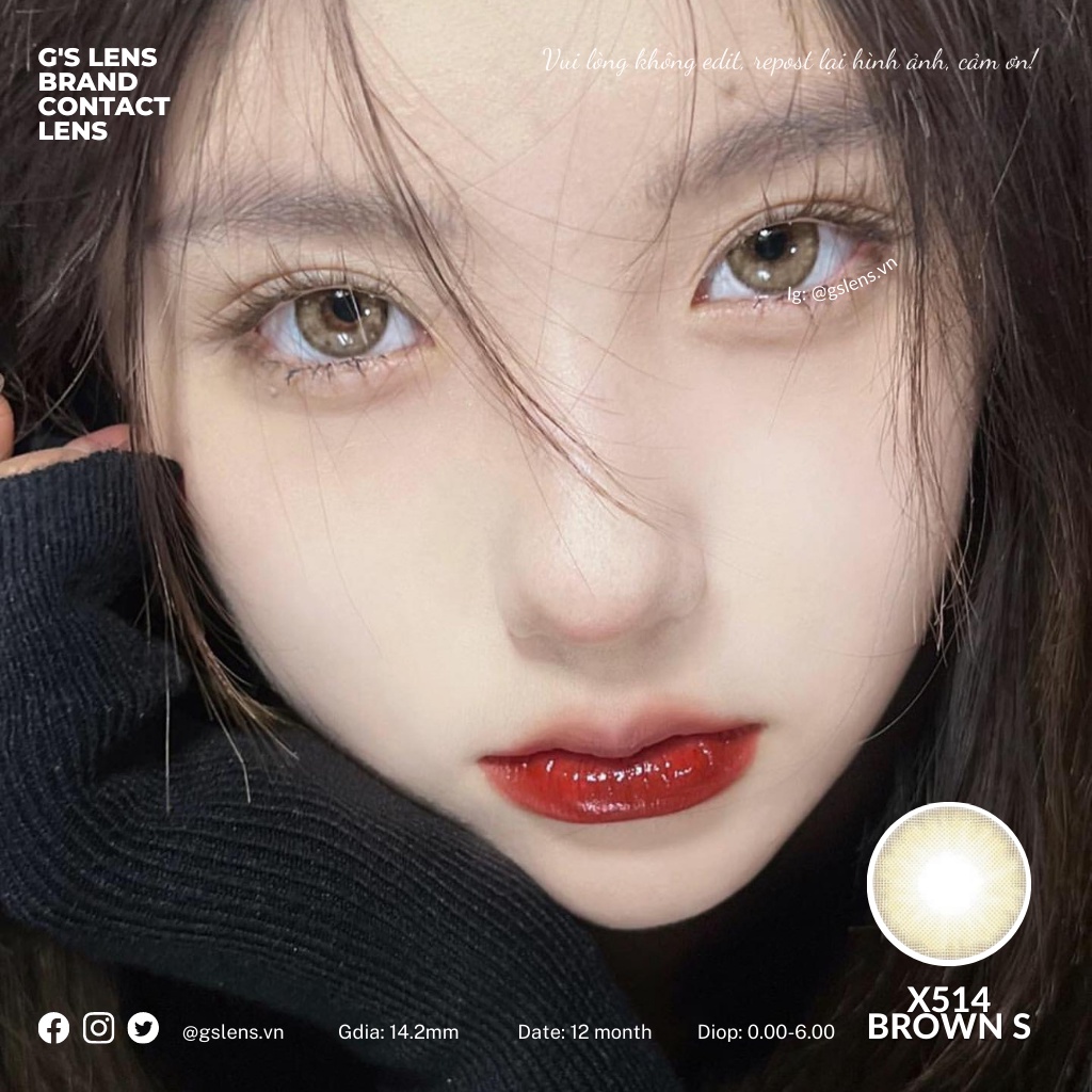 Lens Mắt Kính Áp Tròng Nâu Rêu X514 Brown Giãn Ít Có Từ 0 Đến 6 Độ Lệch Độ Size S 14.2mm
